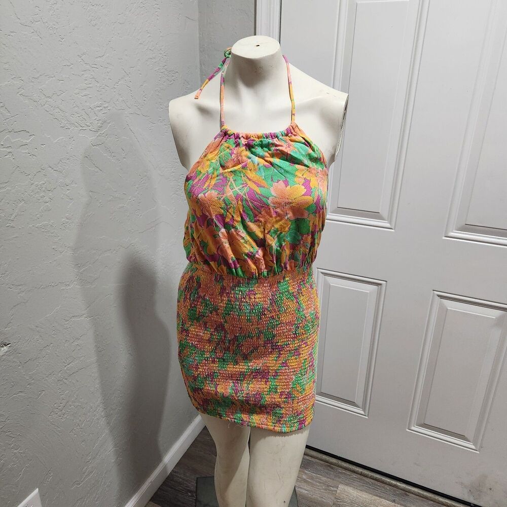 Lost & Wander Halter Dress Womens SZ M Summer Resort Wear Rainbow Floral Smoked